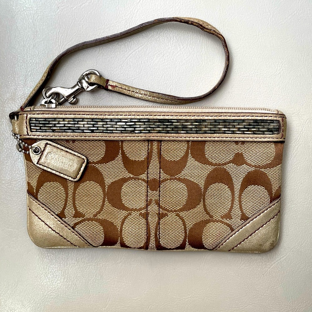 Coach Tan and Brown Signature Wristlet